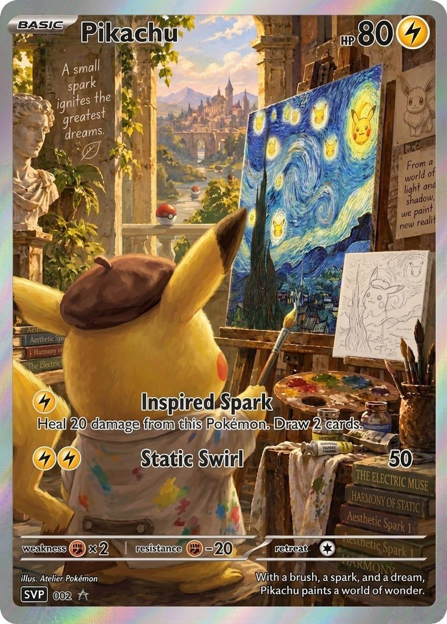 Pikachu Schildert De Sterrennacht – Fan Art Kaart